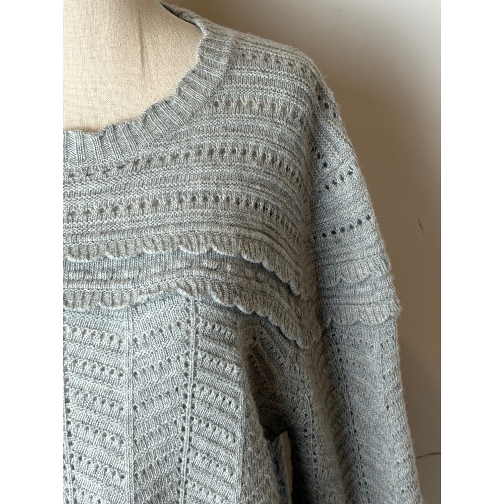 J Crew Scallop Pointelle Knit Sweater Women Large Gray Wool Blend Preppy Boho - Picture 7 of 10